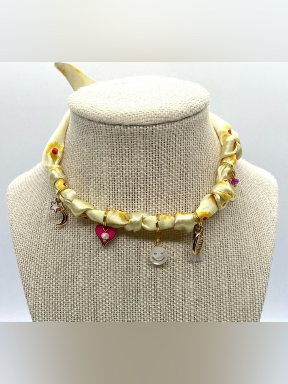 Yellow Pink Mod Flower Pattern Satin Scarf Necklace Gold Charm Boho Preppy Retro